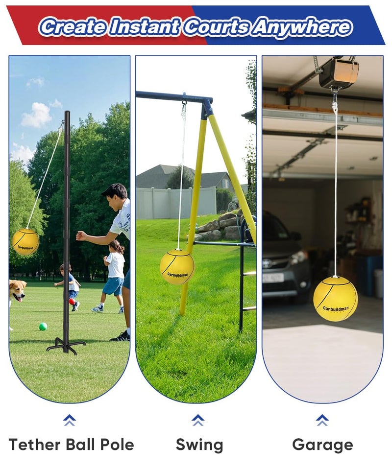 Garbuildman 8" Regulation Sized Tetherball, Rubber Tether Balls and Rope Set for Outdoor Backyard Game, Portable Replacement Tether Ball with Carabiner, Ball Pump for Kids Adults & Dogs - Image 4