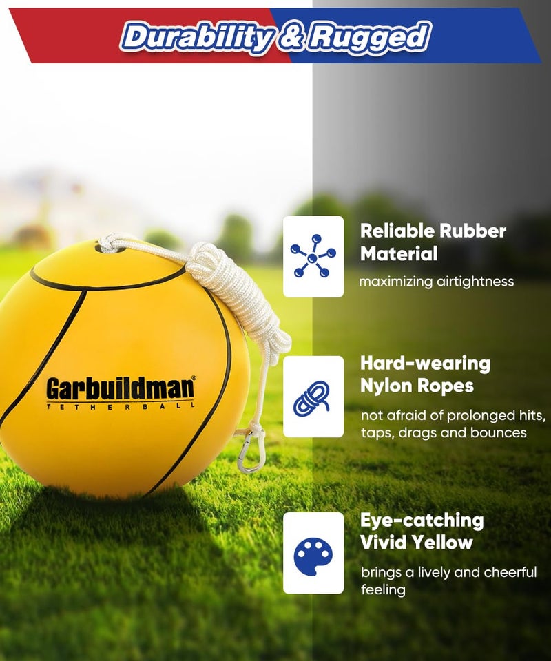 Garbuildman 8" Regulation Sized Tetherball, Rubber Tether Balls and Rope Set for Outdoor Backyard Game, Portable Replacement Tether Ball with Carabiner, Ball Pump for Kids Adults & Dogs - Image 3