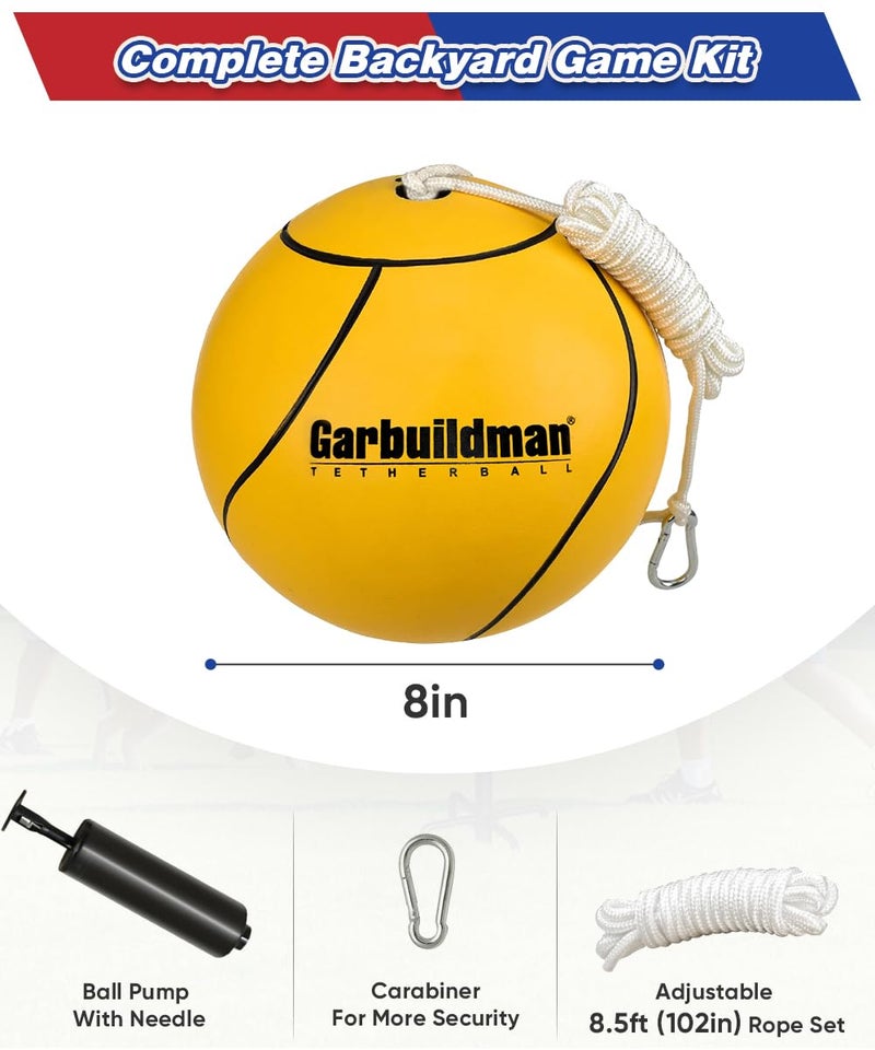 Garbuildman 8" Regulation Sized Tetherball, Rubber Tether Balls and Rope Set for Outdoor Backyard Game, Portable Replacement Tether Ball with Carabiner, Ball Pump for Kids Adults & Dogs - Image 2