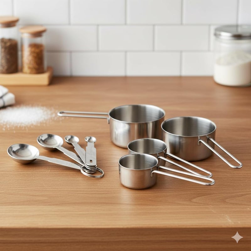 Human Hydro طقم أكواب وملاعق قياس من الفولاذ المقاوم للصدأ - 8 قطع | للخبز والطهي | قياس المكونات الجافة أو السائلة | متين، مقاوم للصدأ وآمن في غسالة الصحون - Image 2