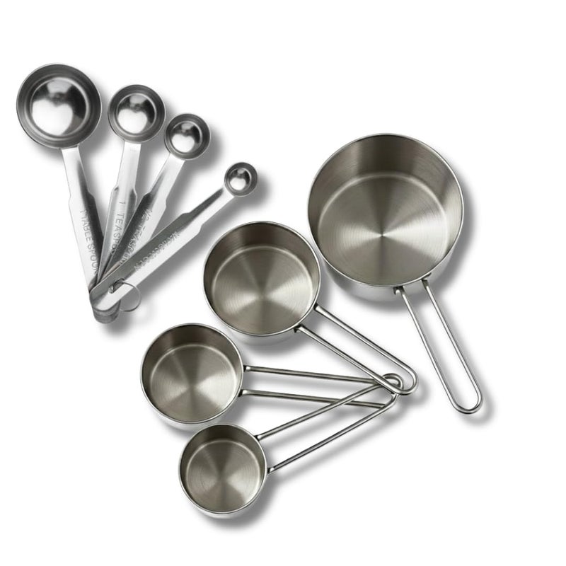 Human Hydro طقم أكواب وملاعق قياس من الفولاذ المقاوم للصدأ - 8 قطع | للخبز والطهي | قياس المكونات الجافة أو السائلة | متين، مقاوم للصدأ وآمن في غسالة الصحون - Image 1