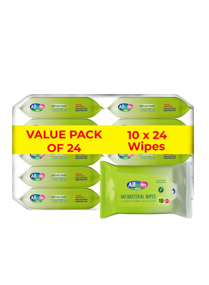 All day wipes All Day Anti-Bacterial Wet Wipes-10 Count: Kills 99.9% of Germs. Keep your environment clean and germ-free. Designed for everyday use. Multi-purpose wipes. Bleach-free. (Pack of 24) - Image 1
