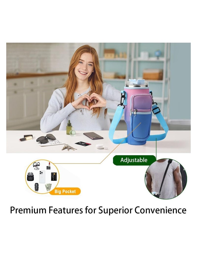 Water Bottle Carrier Bag for Stanley 40 Oz Tumbler, Water Bottle Holder with Shoulder Strap and Phone Pocket, Stanley Accessories for Walking Hiking Travelling, Gradient Purple - Image 3