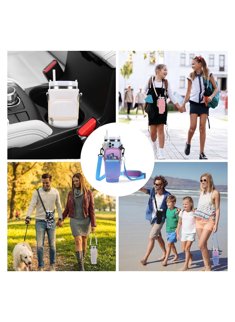 Water Bottle Carrier Bag for Stanley 40 Oz Tumbler, Water Bottle Holder with Shoulder Strap and Phone Pocket, Stanley Accessories for Walking Hiking Travelling, Gradient Purple - Image 4