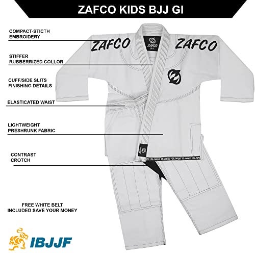 Zafco Sports Brazilian Jiu Jitsu, Kids Jiu Jitsu Gi Children BJJ Gi Grappling Kimonos Lightweight White Belt (White/Black, K1) - Image 3