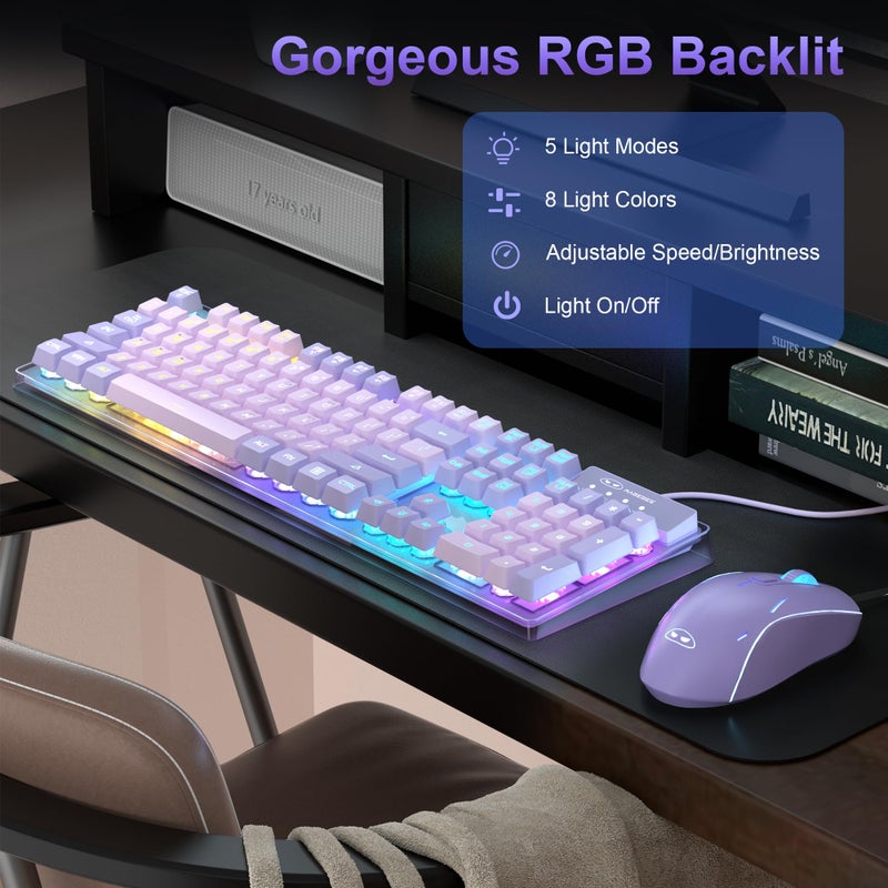 MageGee Gaming Keyboard and Mouse Combo, K1 RGB LED Backlit Wired Keyboard with 104 Key Computer PC Gaming Keyboard for PC/Laptop (Purple) - Image 3