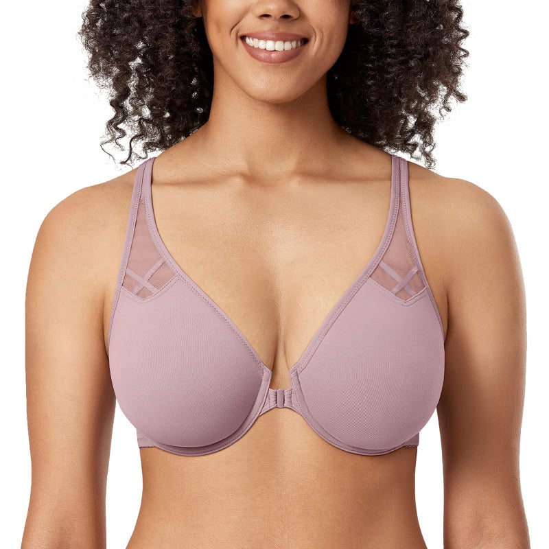 DELIMIRA Women's Front Closure Racerback Bras Plus Size Full Coverage Supportive Underwire Plunge Unlined Bra Mauve Shadows 38DD - Image 1