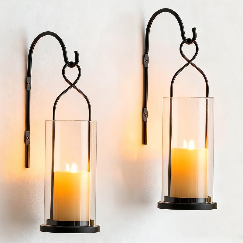 Walasis Wall Candle Holder Set of 2: Black Metal Modern Hurricane Candle Lantern Decoration for Outdoor - Minimalist Candle Sconces Wall Decor for Bedroom Hallway Bedide TV - Image 1