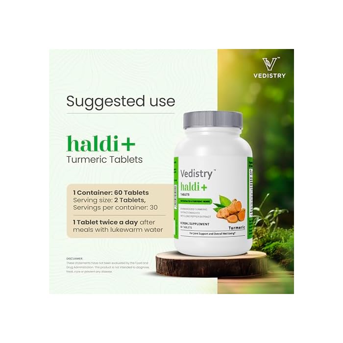 Vedistry Turmeric Tablets with Curcumin & Long Pepper for Enhanced Benefits and Absorption, Herbal Curcumin Supplement for Joint Support & Immune System Support, Vegan Haldi Tablets- 60 Tablets - Image 5