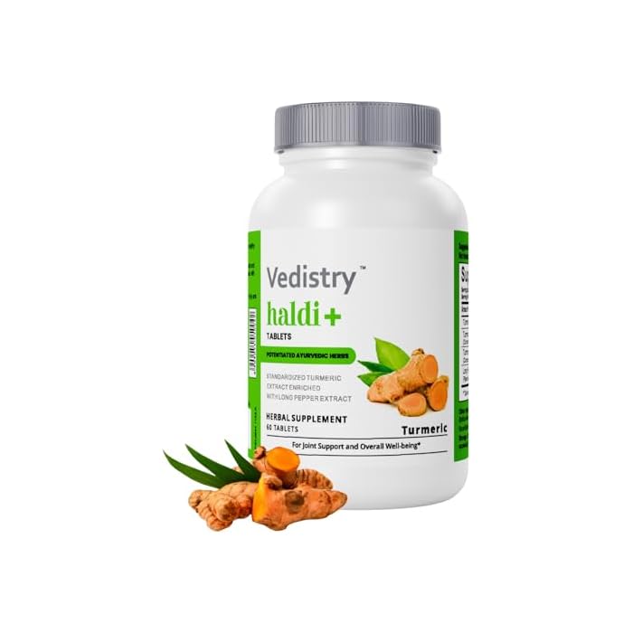 Vedistry Turmeric Tablets with Curcumin & Long Pepper for Enhanced Benefits and Absorption, Herbal Curcumin Supplement for Joint Support & Immune System Support, Vegan Haldi Tablets- 60 Tablets - Image 1