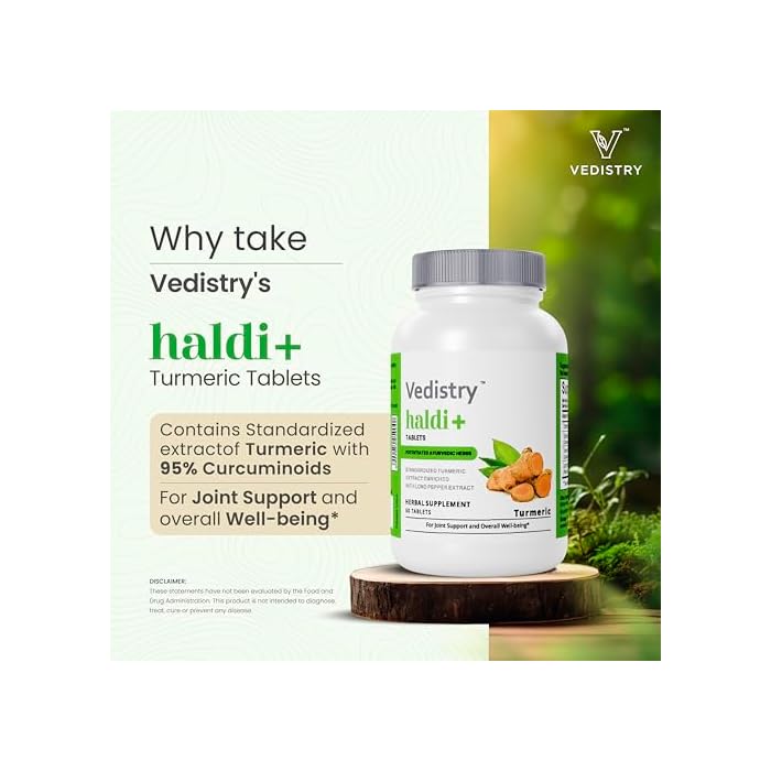Vedistry Turmeric Tablets with Curcumin & Long Pepper for Enhanced Benefits and Absorption, Herbal Curcumin Supplement for Joint Support & Immune System Support, Vegan Haldi Tablets- 60 Tablets - Image 3
