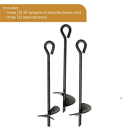 DeepRoot ArborTie Heavy-Duty Ground Anchoring Kit for Tree Support, Includes Three 10’ ArborTie Green and Three 15” Steel Eye Earth Anchors, Versatile Tree Stake Kit, Landscaping Stakes (AT HD15) - Image 2