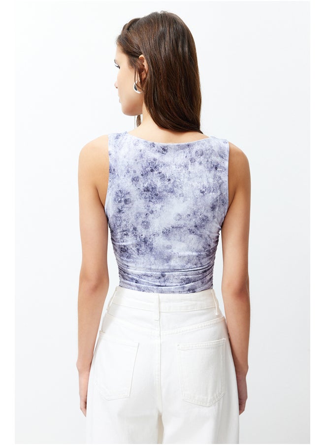 Blue Printed V Neck Flexible Snaps Knitted Bodysuit TWOSS24BD00037