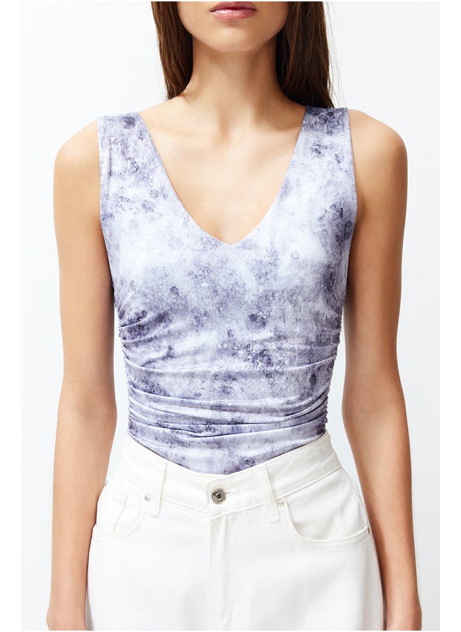 Blue Printed V Neck Flexible Snaps Knitted Bodysuit TWOSS24BD00037