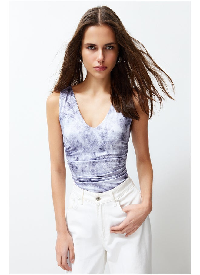 Blue Printed V Neck Flexible Snaps Knitted Bodysuit TWOSS24BD00037