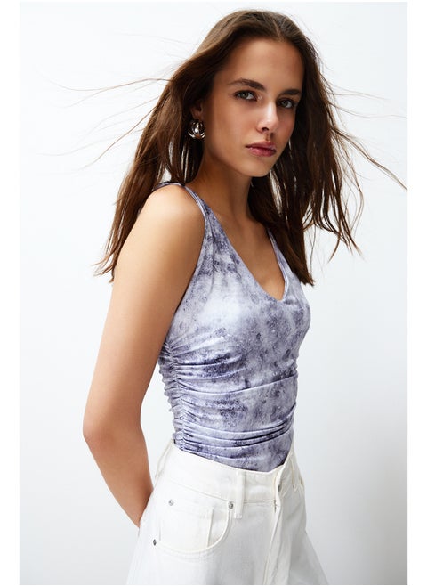 Blue Printed V Neck Flexible Snaps Knitted Bodysuit TWOSS24BD00037