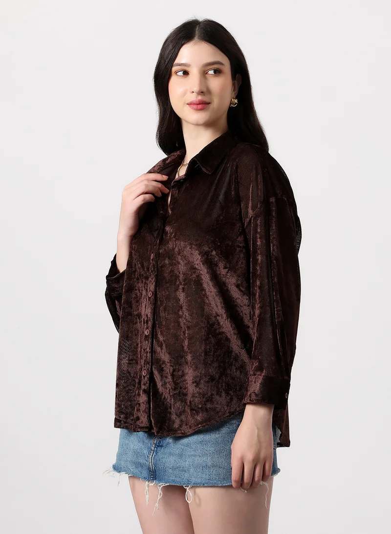 بينيا كولادا Women's Solid Velvet Oversized Shirt | Spread Collar , Long Single-Button Cuff Sleeves, Button Closure | Solid Textured | Woven Shirt For Casual & Daily Wear | Chocolate Brown