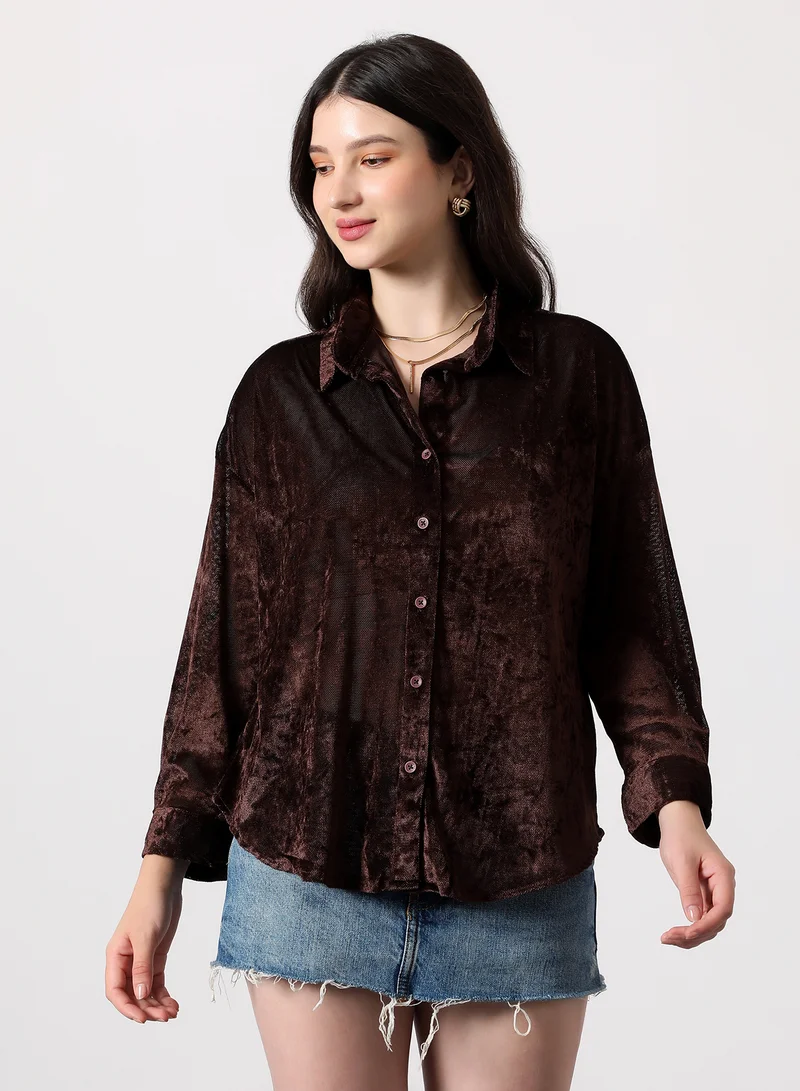 بينيا كولادا Women's Solid Velvet Oversized Shirt | Spread Collar , Long Single-Button Cuff Sleeves, Button Closure | Solid Textured | Woven Shirt For Casual & Daily Wear | Chocolate Brown