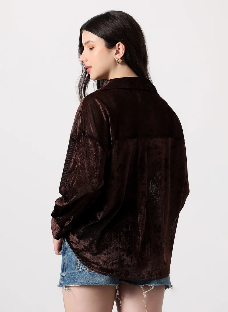 بينيا كولادا Women's Solid Velvet Oversized Shirt | Spread Collar , Long Single-Button Cuff Sleeves, Button Closure | Solid Textured | Woven Shirt For Casual & Daily Wear | Chocolate Brown