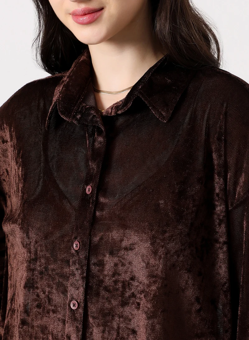 بينيا كولادا Women's Solid Velvet Oversized Shirt | Spread Collar , Long Single-Button Cuff Sleeves, Button Closure | Solid Textured | Woven Shirt For Casual & Daily Wear | Chocolate Brown