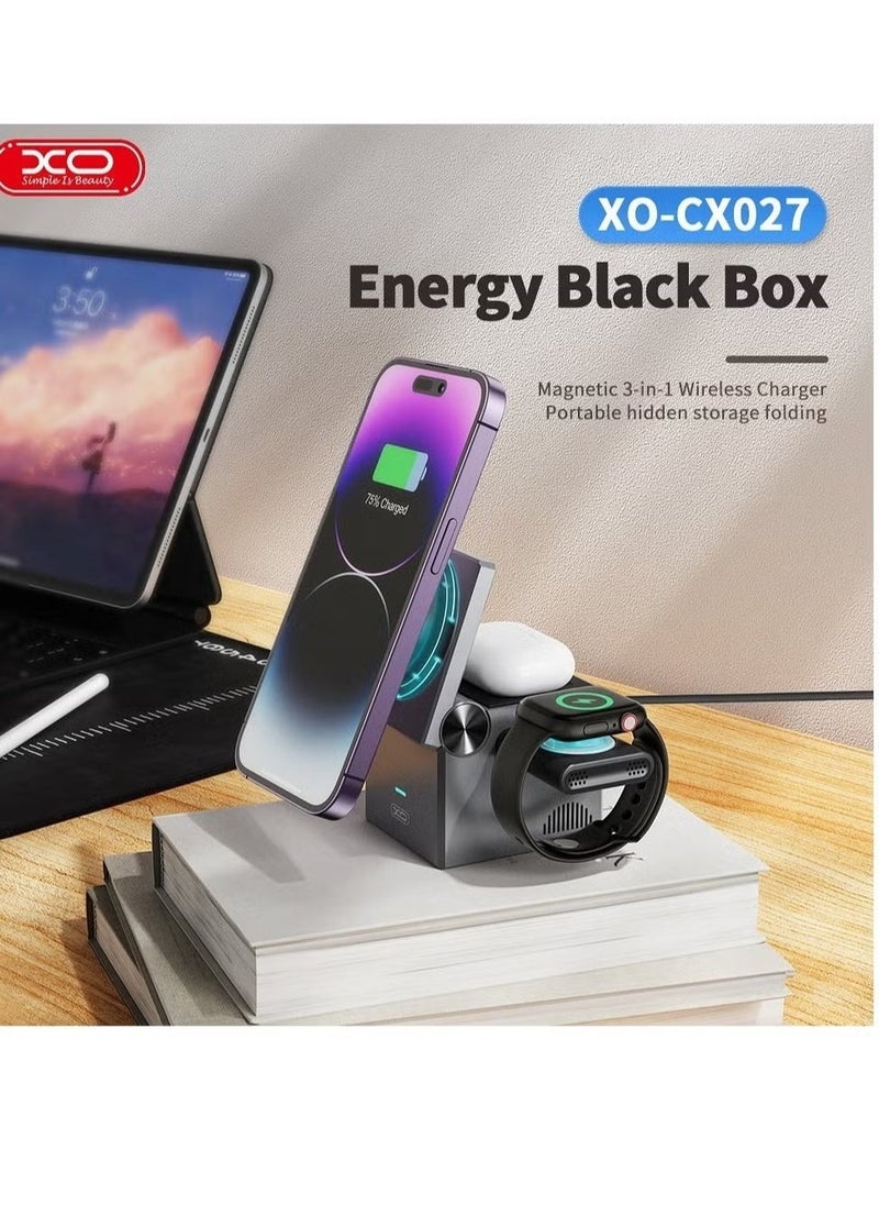 XO - CX027 Magnetic Wireless 3-in-1 Charging Station, Pocket-Sized Powerhouse for Travel, Fast Charging for iPhone, AirPods, Apple Watch, Compact & Portable Design for On-the-Go Charging - Image 1