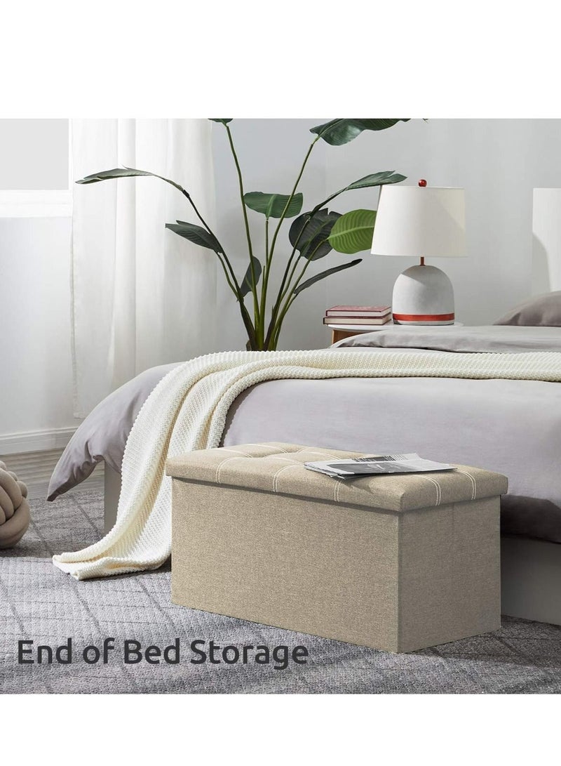 WALALLA 30 inches Folding Storage Ottoman 80L Ottoman Bench Footrest Stool Linen Fabric Beige Storage Chest Padded Seat for Bedroom and Living Room Support 350lbs - Image 4