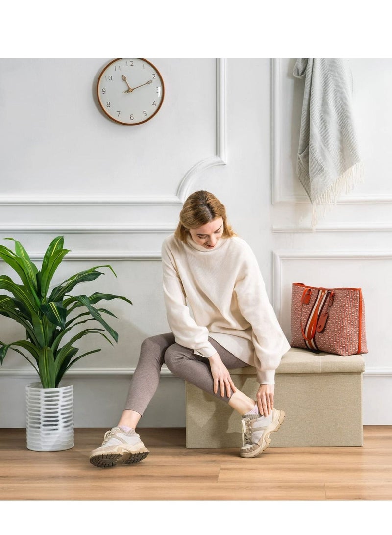 WALALLA 30 inches Folding Storage Ottoman 80L Ottoman Bench Footrest Stool Linen Fabric Beige Storage Chest Padded Seat for Bedroom and Living Room Support 350lbs - Image 2