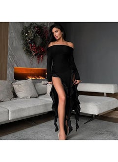NIBEMINENT Spring One-line Shoulder Design Sense Long-sleeved Slim-fit Wooden Ear Hemline Women's Dress  - Image 4