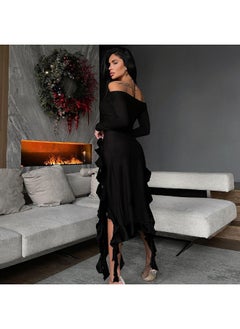 NIBEMINENT Spring One-line Shoulder Design Sense Long-sleeved Slim-fit Wooden Ear Hemline Women's Dress  - Image 3