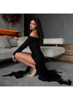NIBEMINENT Spring One-line Shoulder Design Sense Long-sleeved Slim-fit Wooden Ear Hemline Women's Dress  - Image 2
