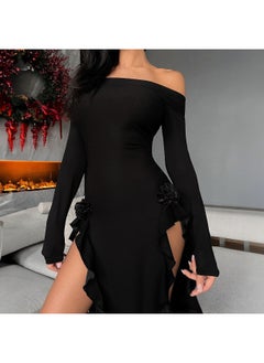 NIBEMINENT Spring One-line Shoulder Design Sense Long-sleeved Slim-fit Wooden Ear Hemline Women's Dress  - Image 5
