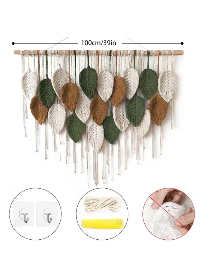 erorex Large Handwoven Boho Macrame Wall Hanging Tapestry with Fringe - Beige/Green/Brown Leaf Design, White Cord Knots & Large Leaf Panels, Bohemian Decor for Bedroom, Wedding Backdrop, Easy Assembly (100x72cm) - Image 2