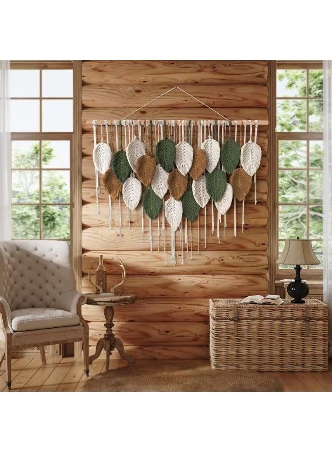erorex Large Handwoven Boho Macrame Wall Hanging Tapestry with Fringe - Beige/Green/Brown Leaf Design, White Cord Knots & Large Leaf Panels, Bohemian Decor for Bedroom, Wedding Backdrop, Easy Assembly (100x72cm) - Image 3
