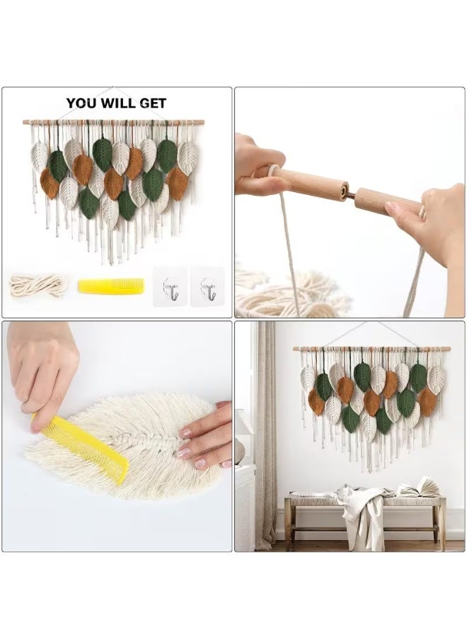 erorex Large Handwoven Boho Macrame Wall Hanging Tapestry with Fringe - Beige/Green/Brown Leaf Design, White Cord Knots & Large Leaf Panels, Bohemian Decor for Bedroom, Wedding Backdrop, Easy Assembly (100x72cm) - Image 4