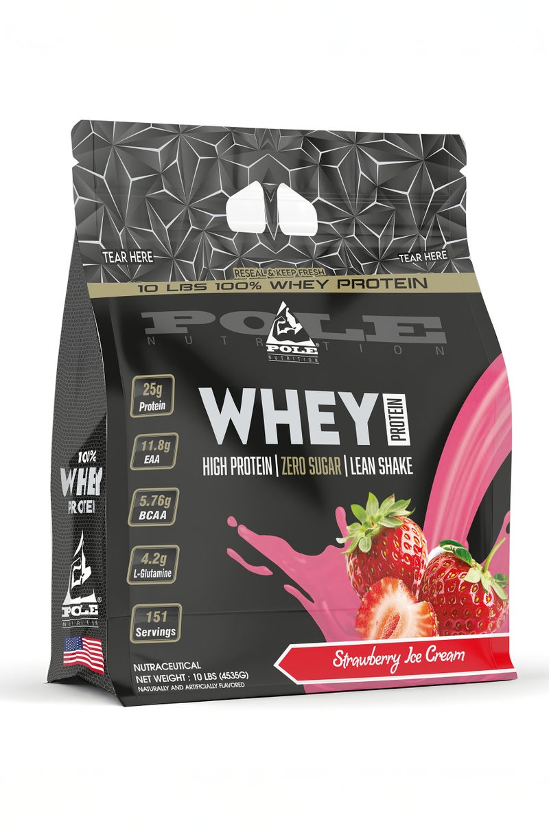 POLE NUTRITION 100% Whey Protein 10 lbs (4.53kg) - High Protein Lean Shake with Zero Sugar (Strawberry Ice Cream) - Image 1