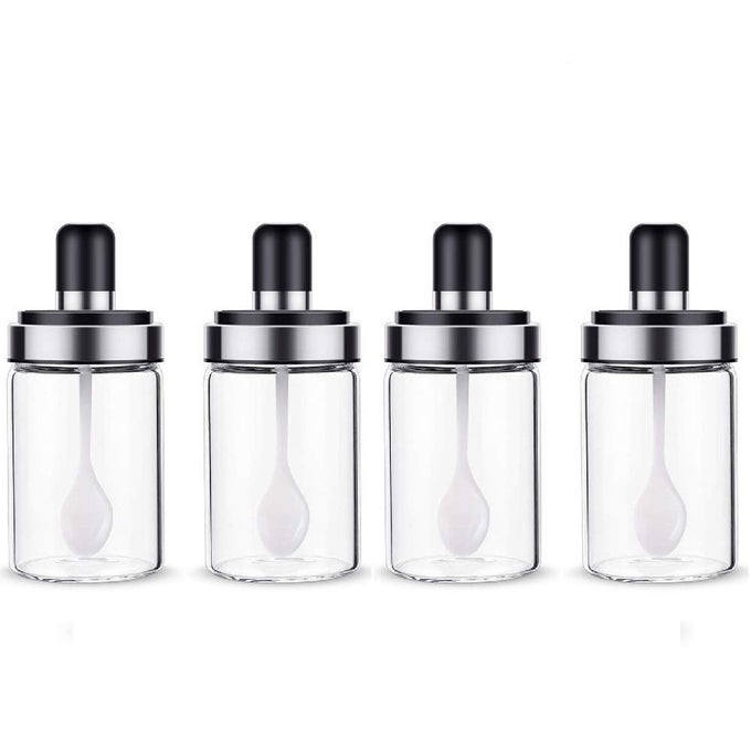 KITCHEN HIGH BOROSILICATE GLASS SPICE JARS SEASONNING BOX JAR CONDIMENT JAR, COMBINATION SPOON AND LID DESIGN, PREMIUM COMMERCIAL GRADE, EMPTY JARS 250ML, AIRTIGHT CAP (4, SPOON)