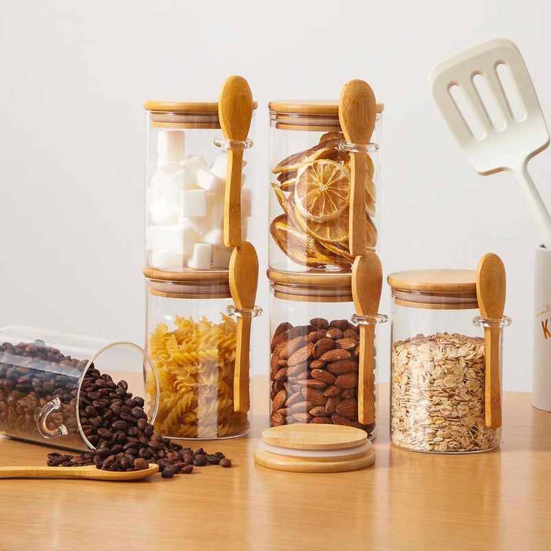 UREVO Set of 6 Pcs Glass Storage Jar with Bamboo Lids and bamboo Spoon, Airtight Food Jars Kitchen Food Storage Containers For Serving Tea, Coffee, Flour, Sugar, Candy, Cookie, Spice - Image 2
