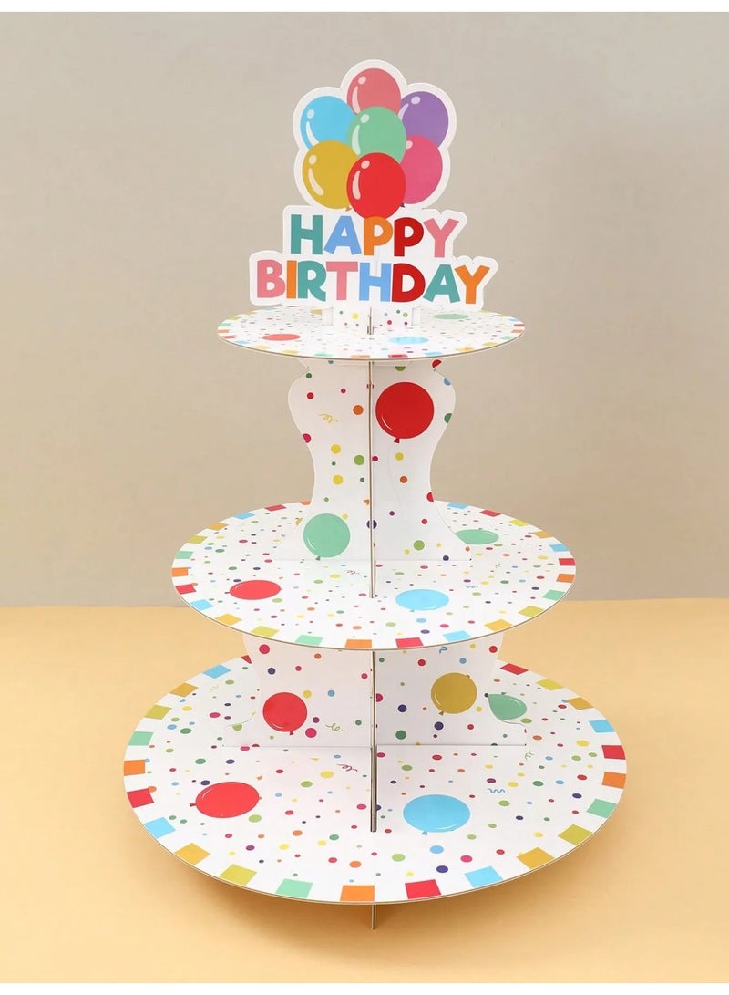 زينه اعياد ميلاد صحن حامل كب كيك مكون من ثلاث طبقات مزين بعبارة عيد ميلاد سعيد بالوان زاهيه  يضيف لمسة جمالية لحفلات اعياد الميلاد مصنوع من كرتون قوي يوفر ثباتاً ممتازاً عند الاستخدام مناسب لتوزيعات حفلات اعياد الميلاد والزينه - Image 1