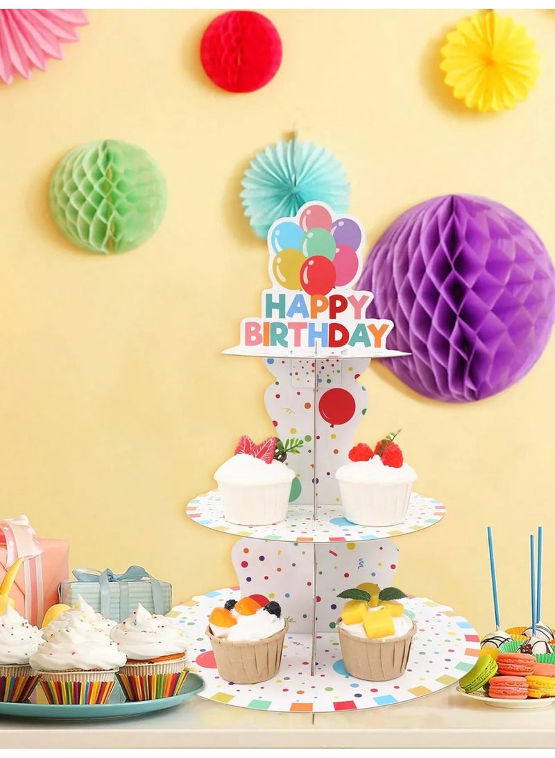 زينه اعياد ميلاد صحن حامل كب كيك مكون من ثلاث طبقات مزين بعبارة عيد ميلاد سعيد بالوان زاهيه  يضيف لمسة جمالية لحفلات اعياد الميلاد مصنوع من كرتون قوي يوفر ثباتاً ممتازاً عند الاستخدام مناسب لتوزيعات حفلات اعياد الميلاد والزينه - Image 2