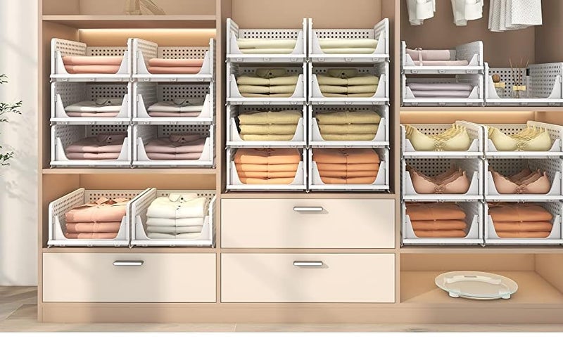 AMP CREATIONS AMP CREATIONS 4 Pieces Wardrobe Organizer for StorageFoldable Stackable Closet BasketCupboard Organizer for ClothesSpace Saver for Kitchen Clothes Shirt Stacker MultiPurpose Sliding Tray White  - Image 3
