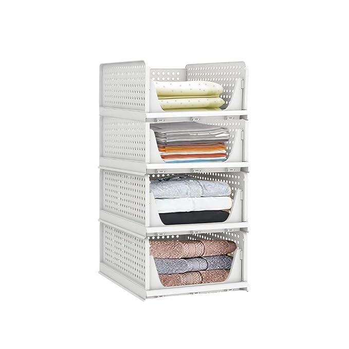 AMP CREATIONS AMP CREATIONS 4 Pieces Wardrobe Organizer for StorageFoldable Stackable Closet BasketCupboard Organizer for ClothesSpace Saver for Kitchen Clothes Shirt Stacker MultiPurpose Sliding Tray White  - Image 1