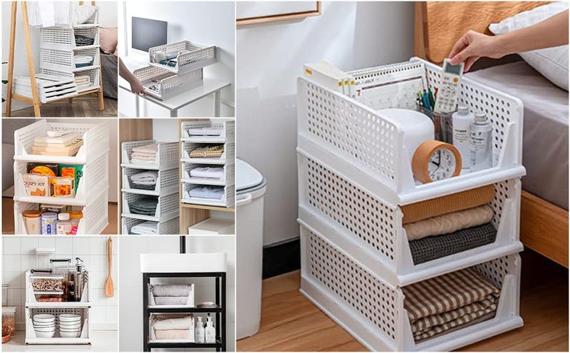 AMP CREATIONS AMP CREATIONS 4 Pieces Wardrobe Organizer for StorageFoldable Stackable Closet BasketCupboard Organizer for ClothesSpace Saver for Kitchen Clothes Shirt Stacker MultiPurpose Sliding Tray White  - Image 4
