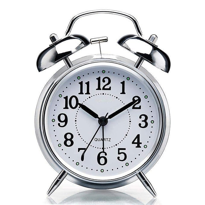 VINTAGE TWIN BELL COPPER TABLE ALARM CLOCK WITH NIGHT LED LIGHT FOR STUDENT FOR KIDS BEDROOM SILVER