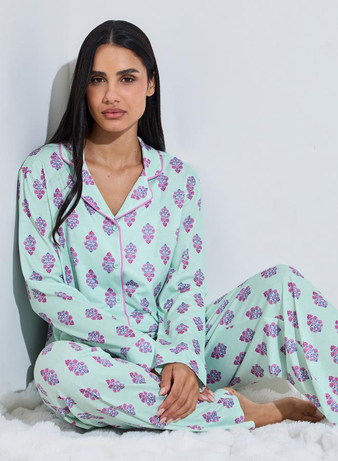 Styli Turquoise All Over Print Shirt and Straight Leg Pants Pyjama Set - Image 1