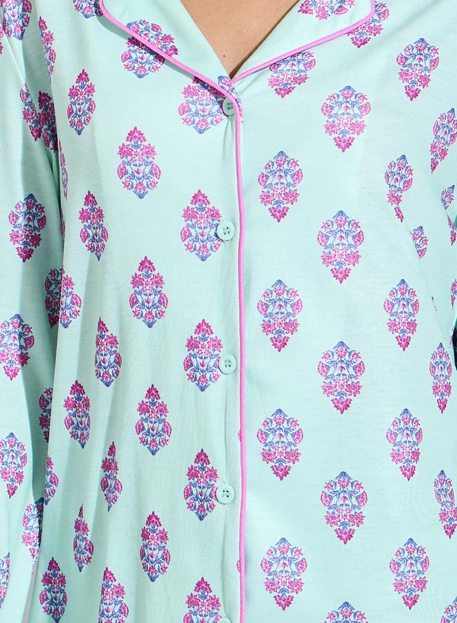 Styli Turquoise All Over Print Shirt and Straight Leg Pants Pyjama Set - Image 4