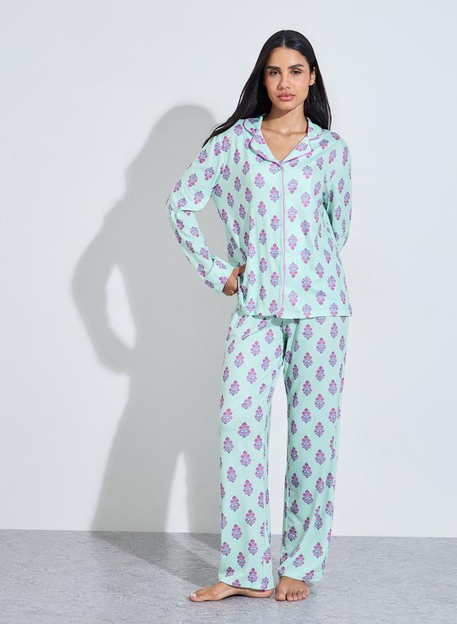 Styli Turquoise All Over Print Shirt and Straight Leg Pants Pyjama Set - Image 2