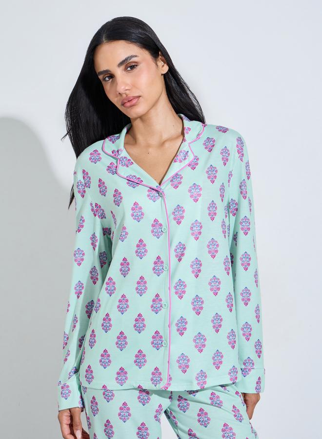Styli Turquoise All Over Print Shirt and Straight Leg Pants Pyjama Set - Image 3