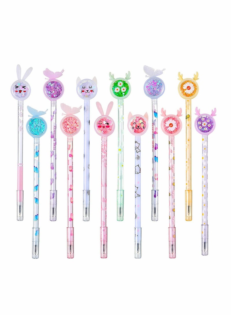 SYOSI Ballpoint Pen Cute Cartoon Sequins Pens 12 Pcs Creative Liquid Gel Ink Rollerball Pen Funny Pens Creative Design Novelty School Supplies for Women Girl Kids Teens Adult Home Office Stationery - Image 1
