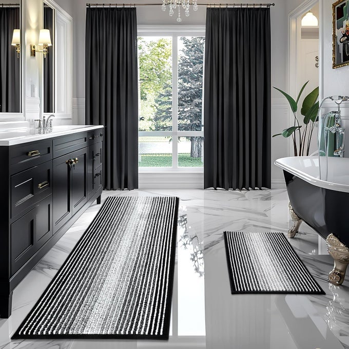 BATHROOM RUGS AND MATS SETS 2 PIECE THICK ABSORBENT CHENILLE BATH MAT RUG SET NON SLIP SOFT SHAGGY BATH ROOM FLOOR MATS FOR BATHROOM MACHINE WASHABLE BLACK 20 X 60 PLUS 20 X 32