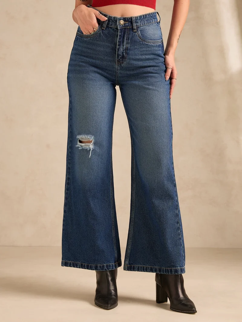 أوجيدر Blue Ribbed Straight Fit Jeans